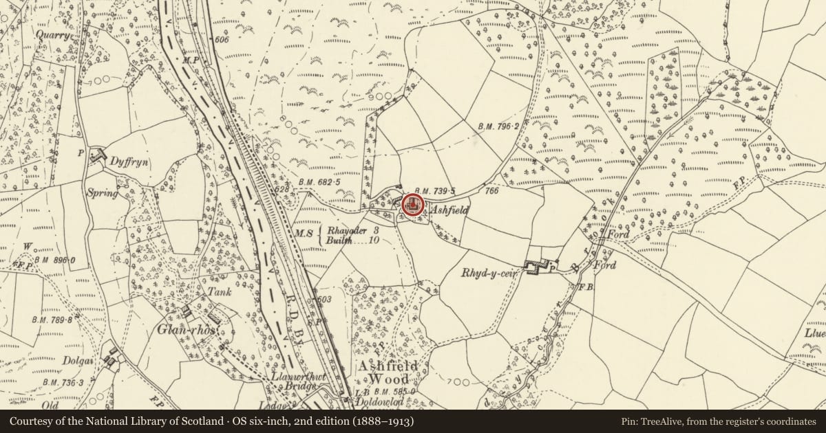Ordnance Survey six-inch map, 2nd edition (1888–1913) covering the location of Ashfield Farmhouse, Nantmel, Powys, with a pin at the register's coordinates