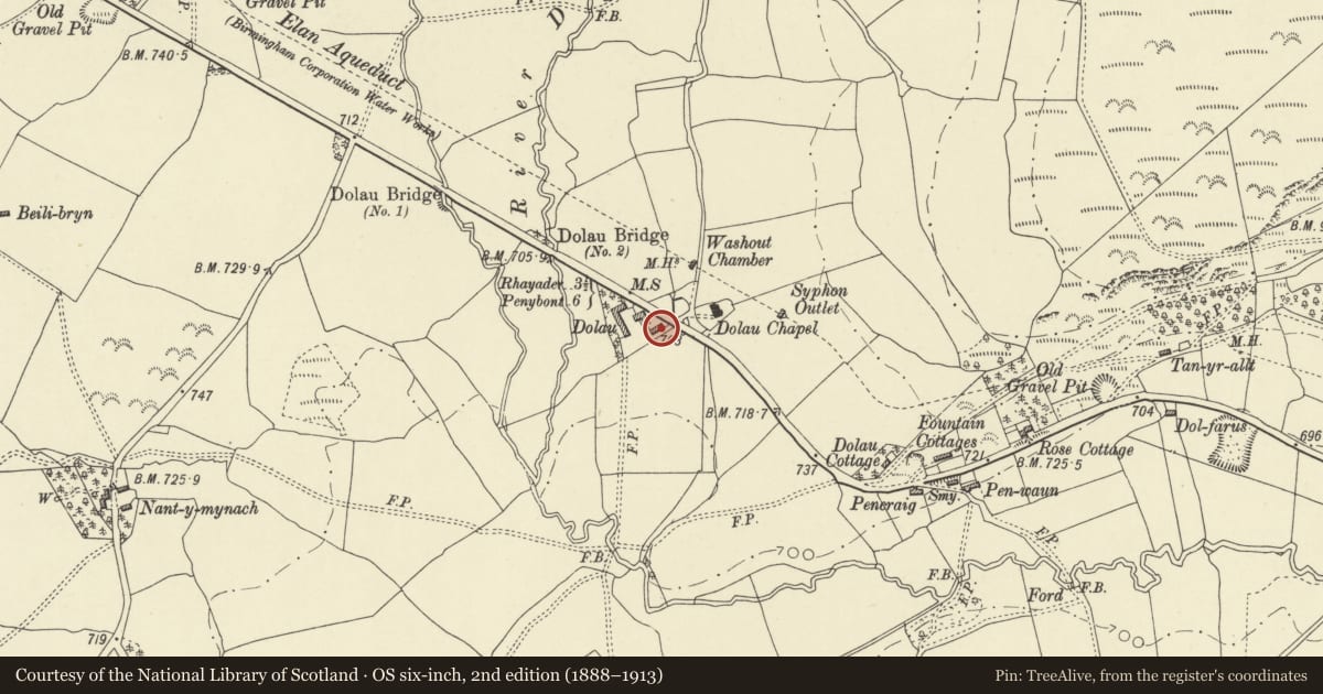 Ordnance Survey six-inch map, 2nd edition (1888–1913) covering the location of Barn at Dolau Farm, Nantmel, Powys, with a pin at the register's coordinates