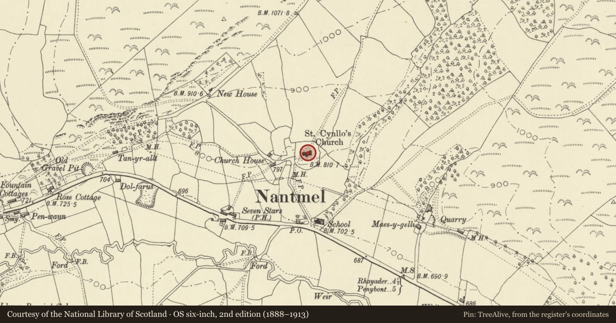 Ordnance Survey six-inch map, 2nd edition (1888–1913) covering the location of Church of St Cynllo, Nantmel, Powys, with a pin at the register's coordinates