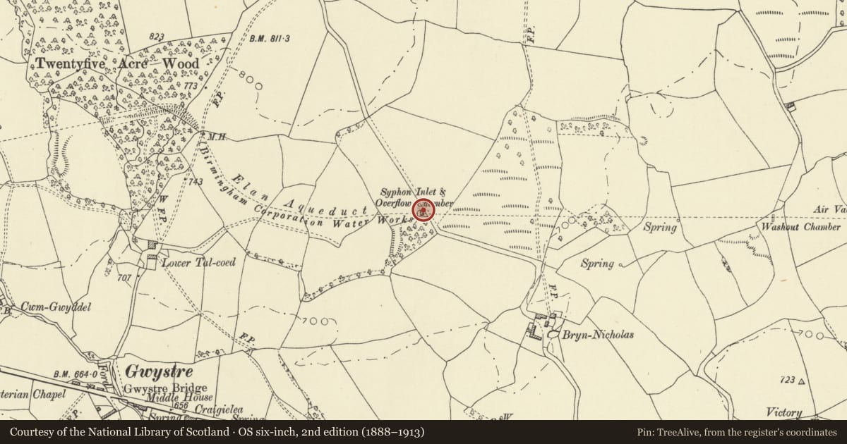 Ordnance Survey six-inch map, 2nd edition (1888–1913) covering the location of Clywedog Siphon Inlet House, Nantmel, Powys, with a pin at the register's coordinates