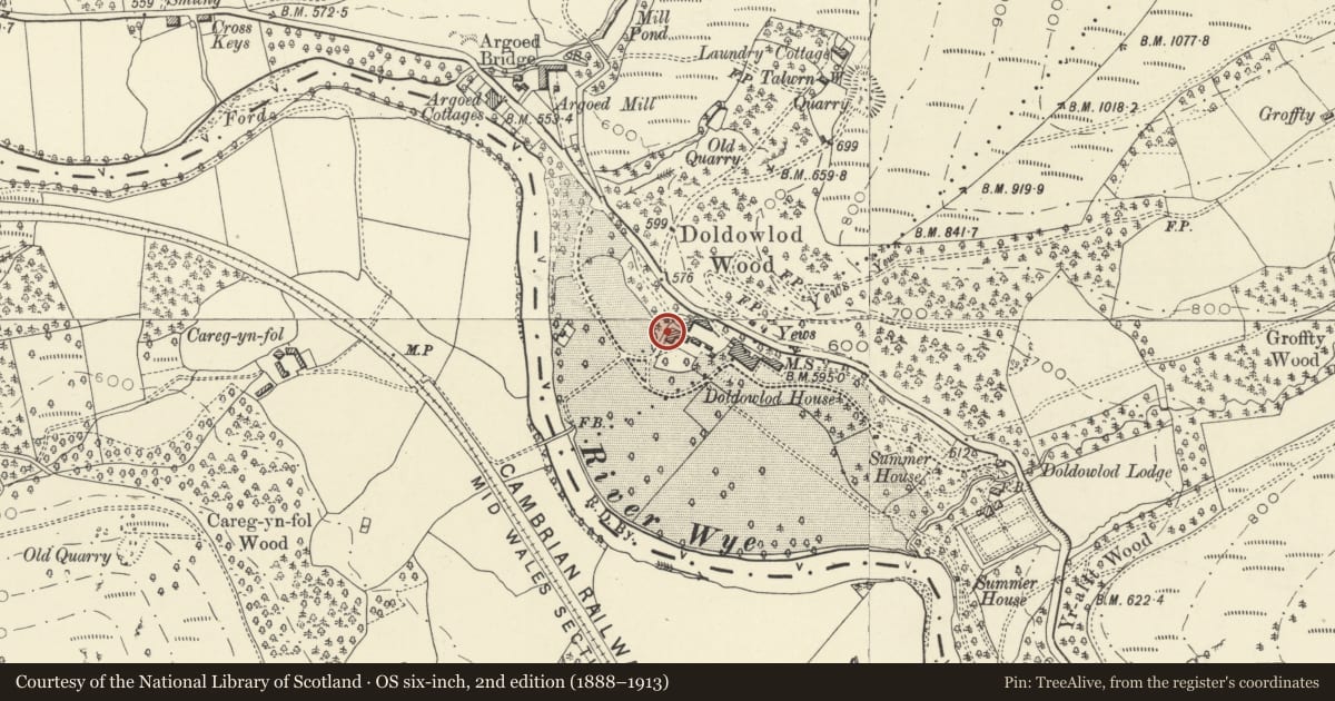 Ordnance Survey six-inch map, 2nd edition (1888–1913) covering the location of Courtyard building & farm building on SW side of main yard at Doldowlod House, Nantmel, Powys, with a pin at the register's coordinates