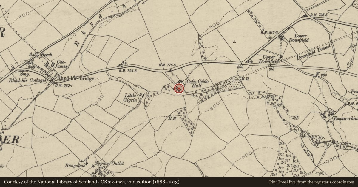 Ordnance Survey six-inch map, 2nd edition (1888–1913) covering the location of Cow house at Cefn Ceido Farm, Nantmel, Powys, with a pin at the register's coordinates