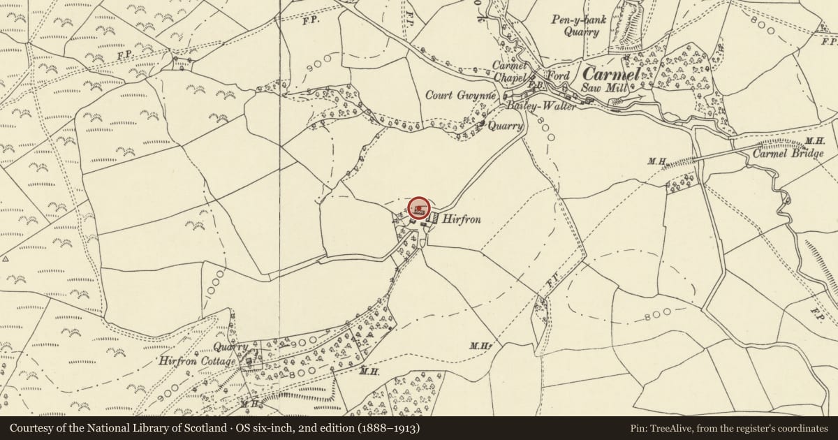 Ordnance Survey six-inch map, 2nd edition (1888–1913) covering the location of Cow house at Hirfron Farm, Nantmel, Powys, with a pin at the register's coordinates