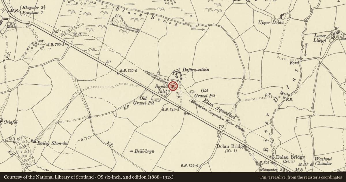 Ordnance Survey six-inch map, 2nd edition (1888–1913) covering the location of Dolau Siphon Inlet House, Nantmel, Powys, with a pin at the register's coordinates