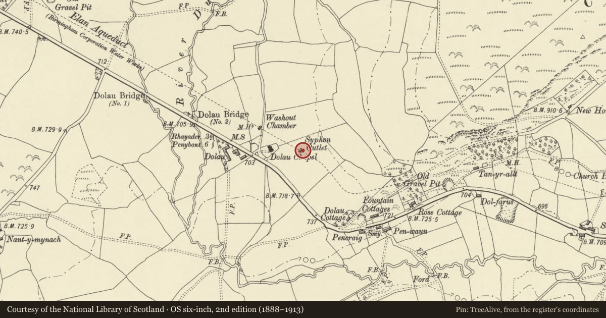 Ordnance Survey six-inch map, 2nd edition (1888–1913) covering the location of Dolau Siphon Outlet House, Nantmel, Powys, with a pin at the register's coordinates