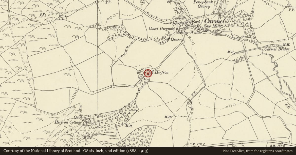 Ordnance Survey six-inch map, 2nd edition (1888–1913) covering the location of Detached farm range at Hirfron Farm, Nantmel, Powys, with a pin at the register's coordinates