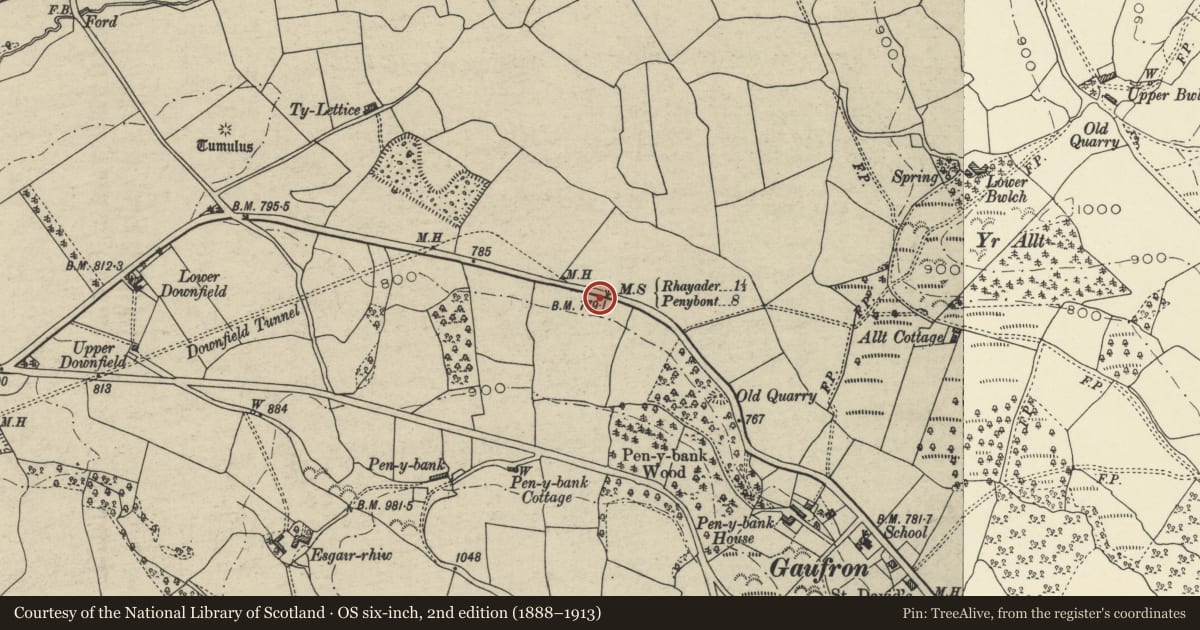 Ordnance Survey six-inch map, 2nd edition (1888–1913) covering the location of Milestone on A44, Nantmel, Powys, with a pin at the register's coordinates