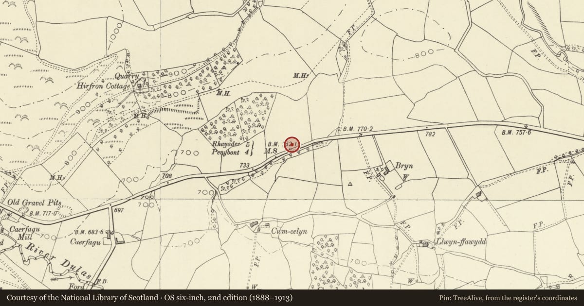 Ordnance Survey six-inch map, 2nd edition (1888–1913) covering the location of Milestone on A44, Nantmel, Powys, with a pin at the register's coordinates