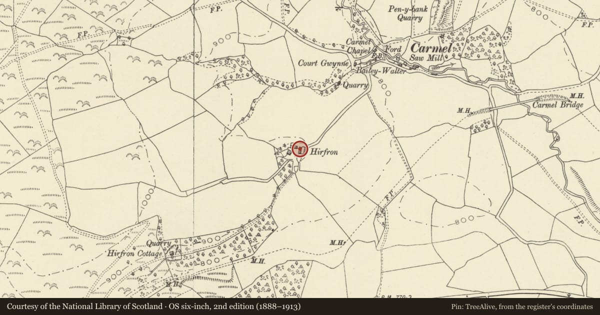 Ordnance Survey six-inch map, 2nd edition (1888–1913) covering the location of Multi-purpose farm range at Hirfron Farm, Nantmel, Powys, with a pin at the register's coordinates