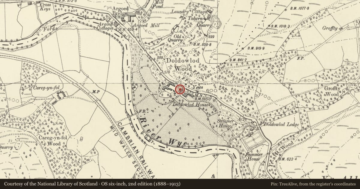 Ordnance Survey six-inch map, 2nd edition (1888–1913) covering the location of Detached service wing on N side of Doldowlod House, Nantmel, Powys, with a pin at the register's coordinates