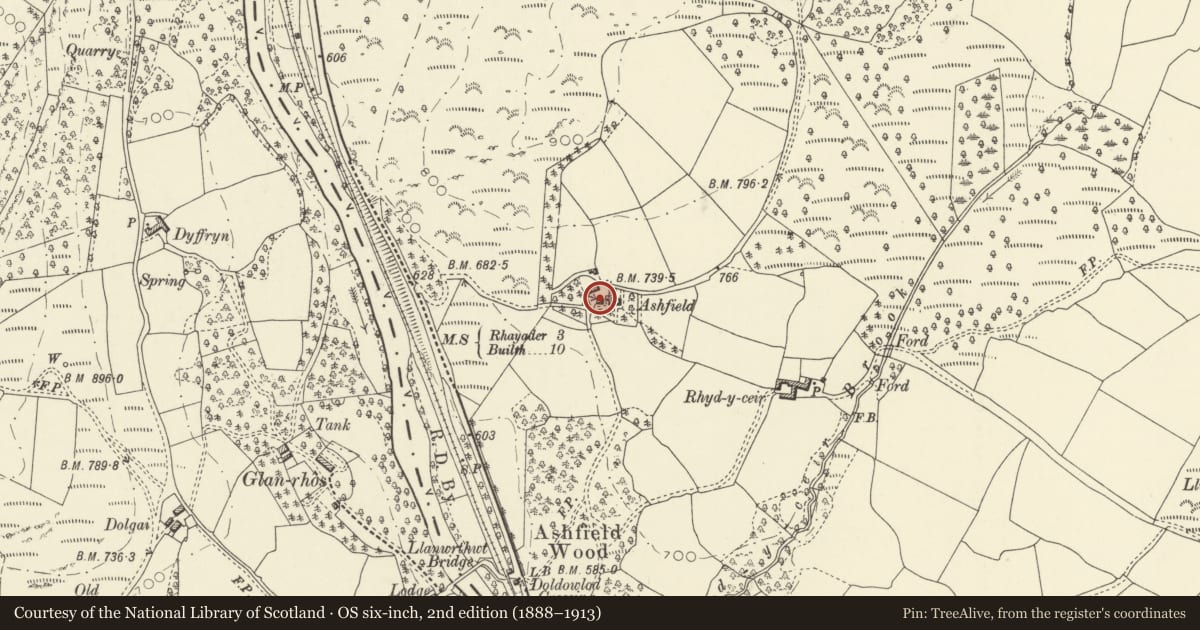 Ordnance Survey six-inch map, 2nd edition (1888–1913) covering the location of Stable at Ashfield Farm, Nantmel, Powys, with a pin at the register's coordinates