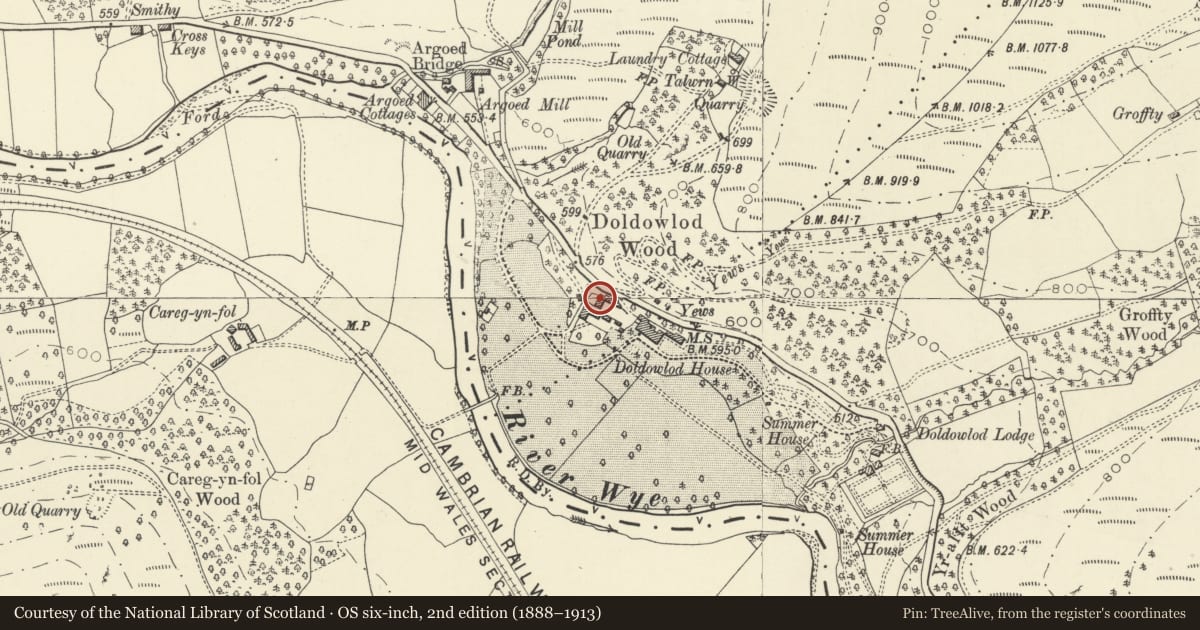Ordnance Survey six-inch map, 2nd edition (1888–1913) covering the location of Stable Cottage, coach house and stables at Doldowlod House, Nantmel, Powys, with a pin at the register's coordinates
