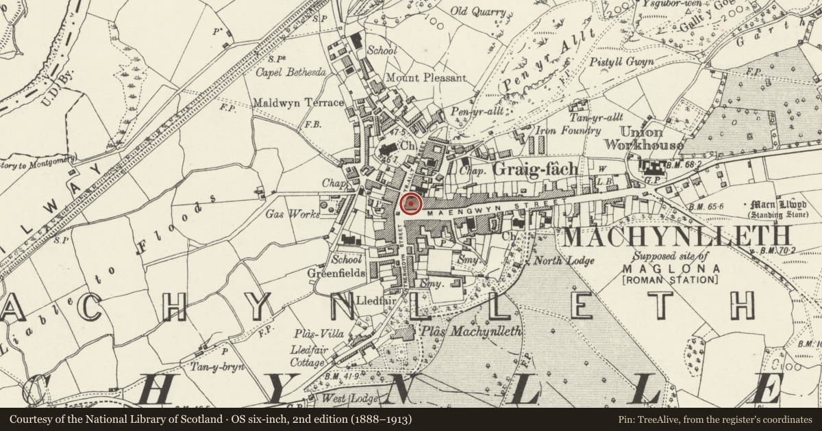 Ordnance Survey six-inch map, 2nd edition (1888–1913) covering the location of Midland Bank, Machynlleth, Powys, with a pin at the register's coordinates