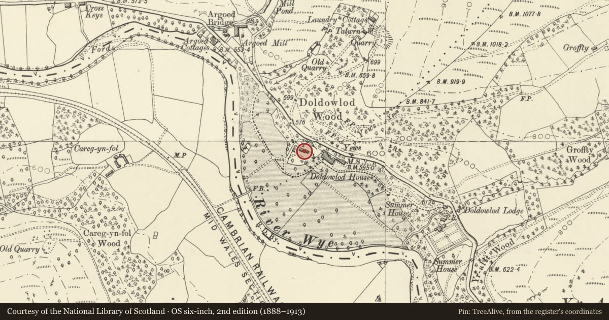 Ordnance Survey six-inch map, 2nd edition (1888–1913) covering the location of Tack room and farm range at Doldowlod House, Nantmel, Powys, with a pin at the register's coordinates
