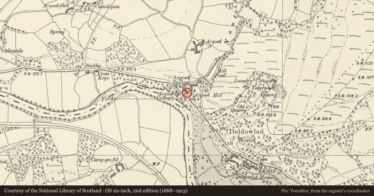 Ordnance Survey six-inch map, 2nd edition (1888–1913) covering the location of Telephone Call-box at entrance to Argoed Mill, Nantmel, Powys, with a pin at the register's coordinates