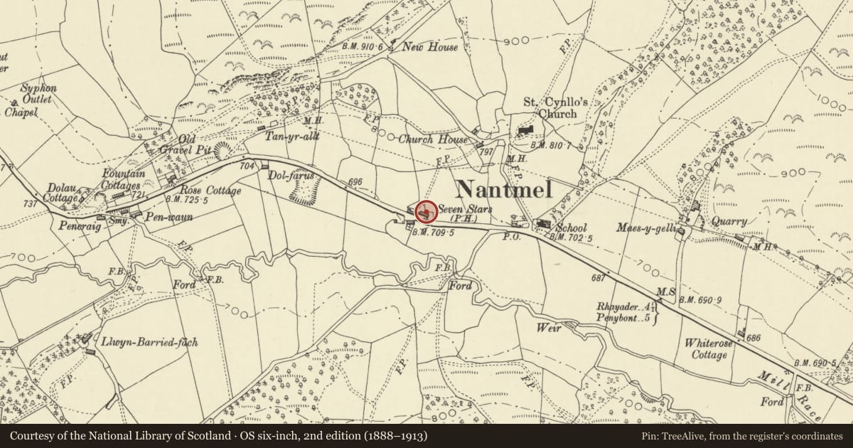 Ordnance Survey six-inch map, 2nd edition (1888–1913) covering the location of Ty Seren, Nantmel, Powys, with a pin at the register's coordinates