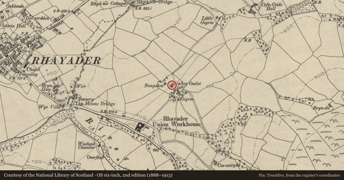 Ordnance Survey six-inch map, 2nd edition (1888–1913) covering the location of Wye Siphon Outlet House, Nantmel, Powys, with a pin at the register's coordinates