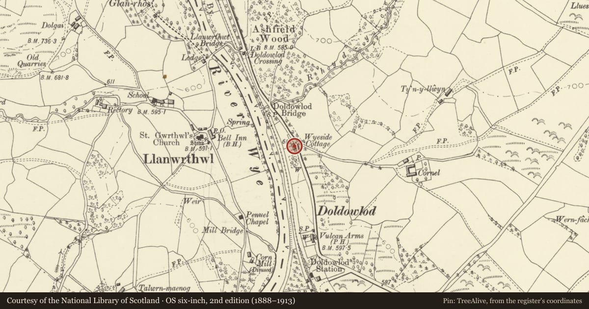 Ordnance Survey six-inch map, 2nd edition (1888–1913) covering the location of Wyeside, Nantmel, Powys, with a pin at the register's coordinates