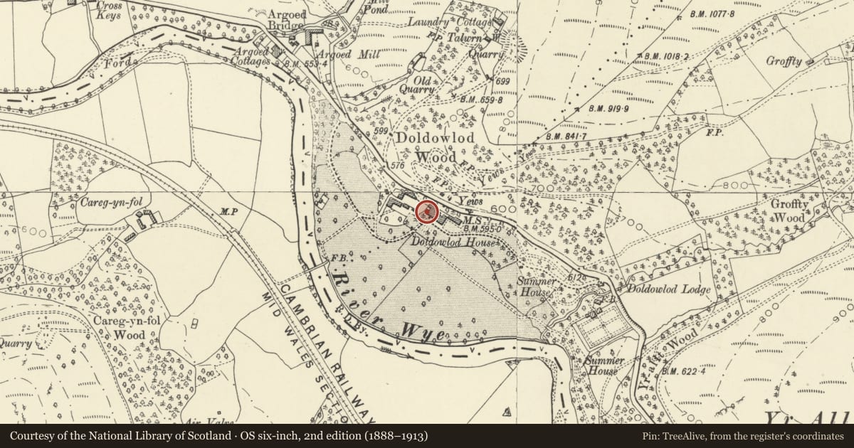 Ordnance Survey six-inch map, 2nd edition (1888–1913) covering the location of Doldowlod House (part in Llanyre), Powys, with a pin at the register's coordinates