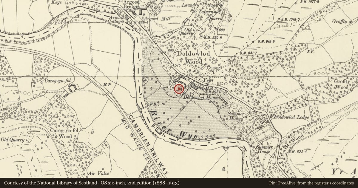 Ordnance Survey six-inch map, 2nd edition (1888–1913) covering the location of Garden and courtyard walls on W and SW side of Doldowlod House (partly in Llanyre), Nantmel, Powys, with a pin at the register's coordinates