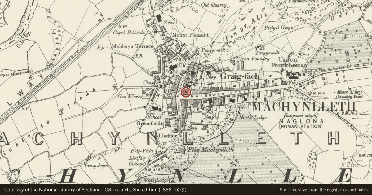 Ordnance Survey six-inch map, 2nd edition (1888–1913) covering the location of 5 Heol Maengwyn, Machynlleth, Powys, with a pin at the register's coordinates