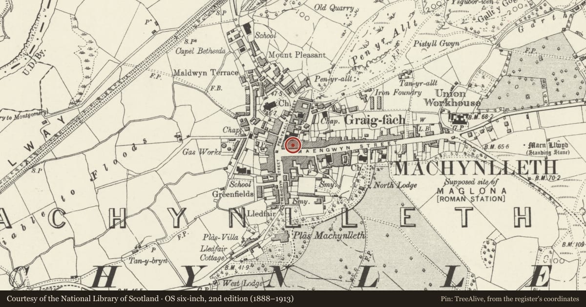 Ordnance Survey six-inch map, 2nd edition (1888–1913) covering the location of London House including Paul Hughes & I.G. Owen, Machynlleth, Powys, with a pin at the register's coordinates