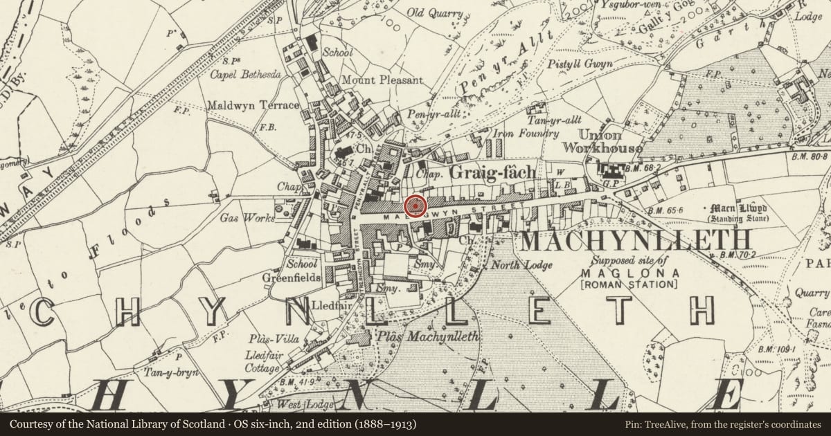 Ordnance Survey six-inch map, 2nd edition (1888–1913) covering the location of 29 Heol Maengwyn, Machynlleth, Powys, with a pin at the register's coordinates