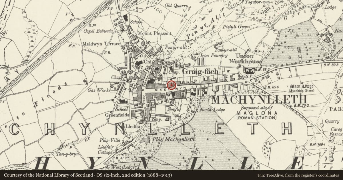 Ordnance Survey six-inch map, 2nd edition (1888–1913) covering the location of 35 Heol Maengwyn, Machynlleth, Powys, with a pin at the register's coordinates