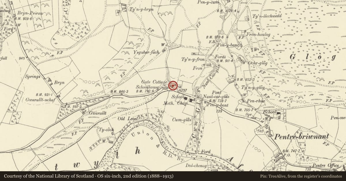 Ordnance Survey six-inch map, 2nd edition (1888–1913) covering the location of Gate Cottage, Pontarfynach, Ceredigion, with a pin at the register's coordinates