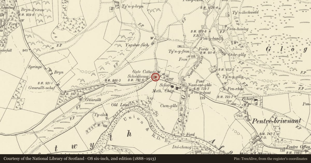 Ordnance Survey six-inch map, 2nd edition (1888–1913) covering the location of Hafod Lodge, Pontarfynach, Ceredigion, with a pin at the register's coordinates