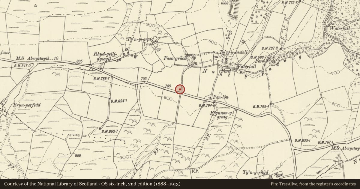 Ordnance Survey six-inch map, 2nd edition (1888–1913) covering the location of Hafod-y-coed, Pontarfynach, Ceredigion, with a pin at the register's coordinates