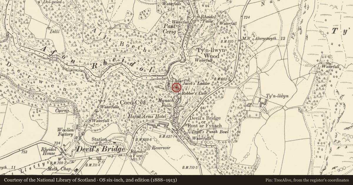 Ordnance Survey six-inch map, 2nd edition (1888–1913) covering the location of Iron footbridge over Afon Mynach, Pontarfynach, Ceredigion, with a pin at the register's coordinates