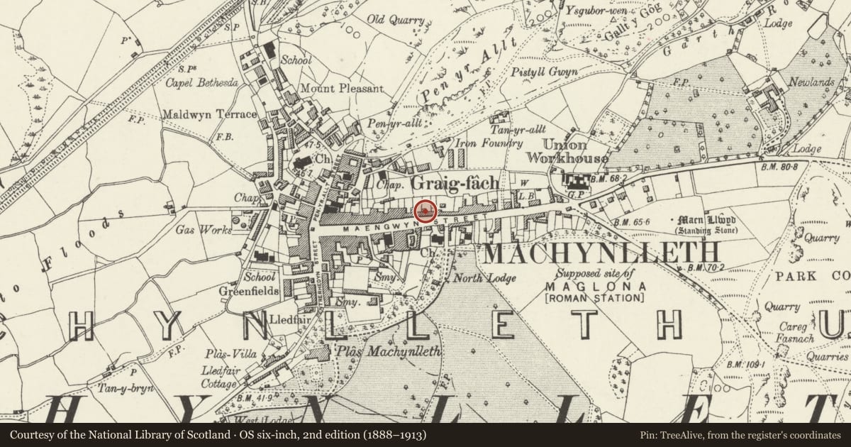 Ordnance Survey six-inch map, 2nd edition (1888–1913) covering the location of 61 Heol Maengwyn, Machynlleth, Powys, with a pin at the register's coordinates
