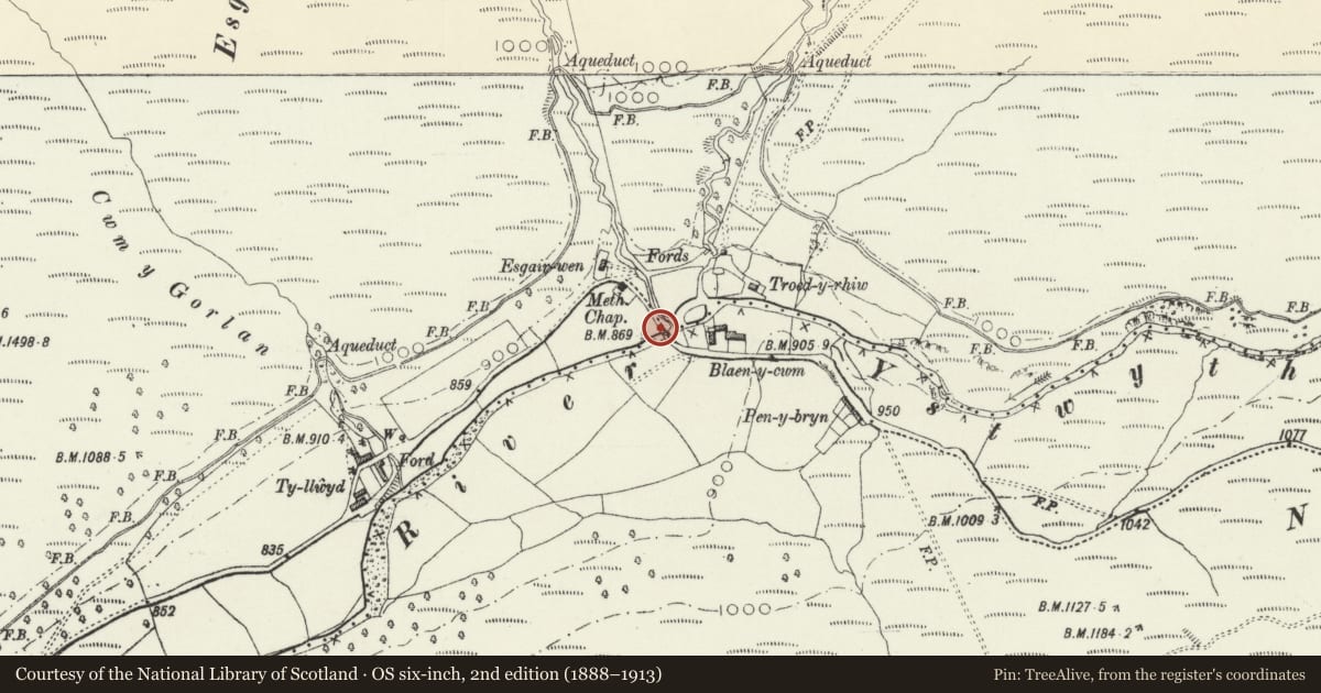 Ordnance Survey six-inch map, 2nd edition (1888–1913) covering the location of Pont Blaen (partly in Ysbyty Ystwyth community), Pontarfynach, Ceredigion, with a pin at the register's coordinates