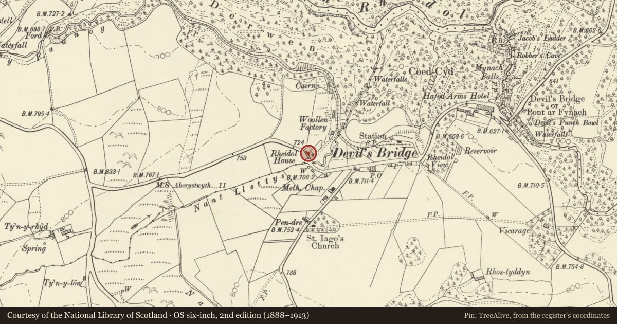 Ordnance Survey six-inch map, 2nd edition (1888–1913) covering the location of Rheidol House, Pontarfynach, Ceredigion, with a pin at the register's coordinates