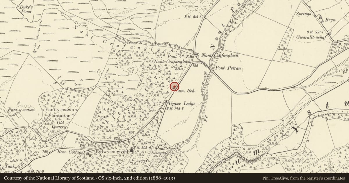 Ordnance Survey six-inch map, 2nd edition (1888–1913) covering the location of The Church Hall, Pontarfynach, Ceredigion, with a pin at the register's coordinates