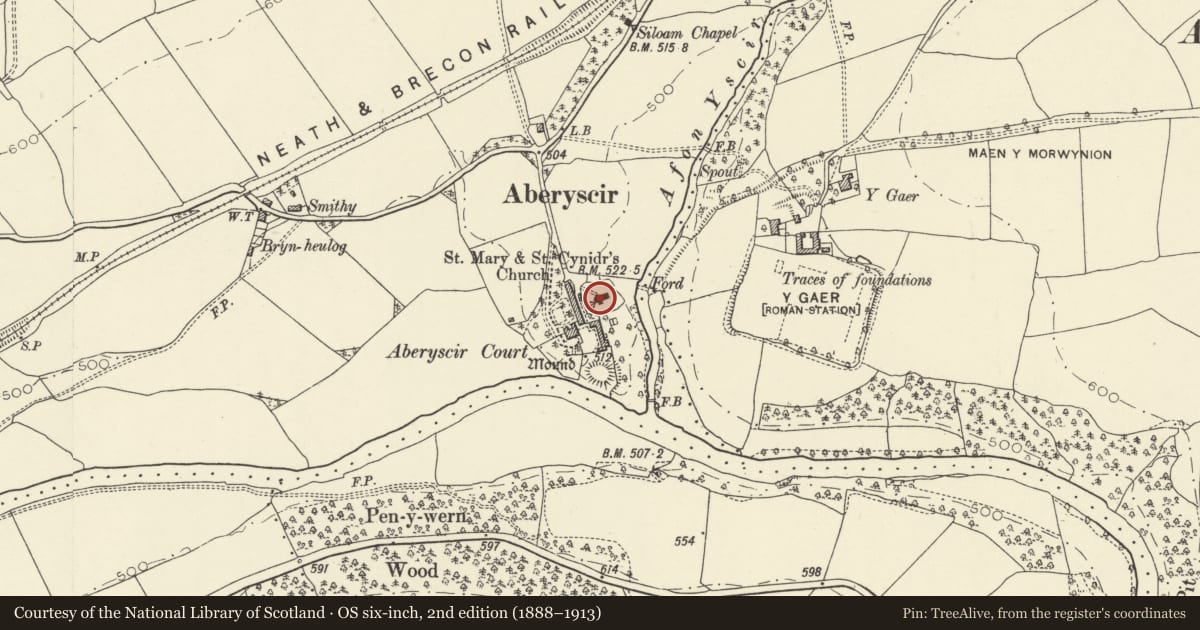 Ordnance Survey six-inch map, 2nd edition (1888–1913) covering the location of Church of Saint Mary and Saint Cynidr, Yscir, Powys, with a pin at the register's coordinates