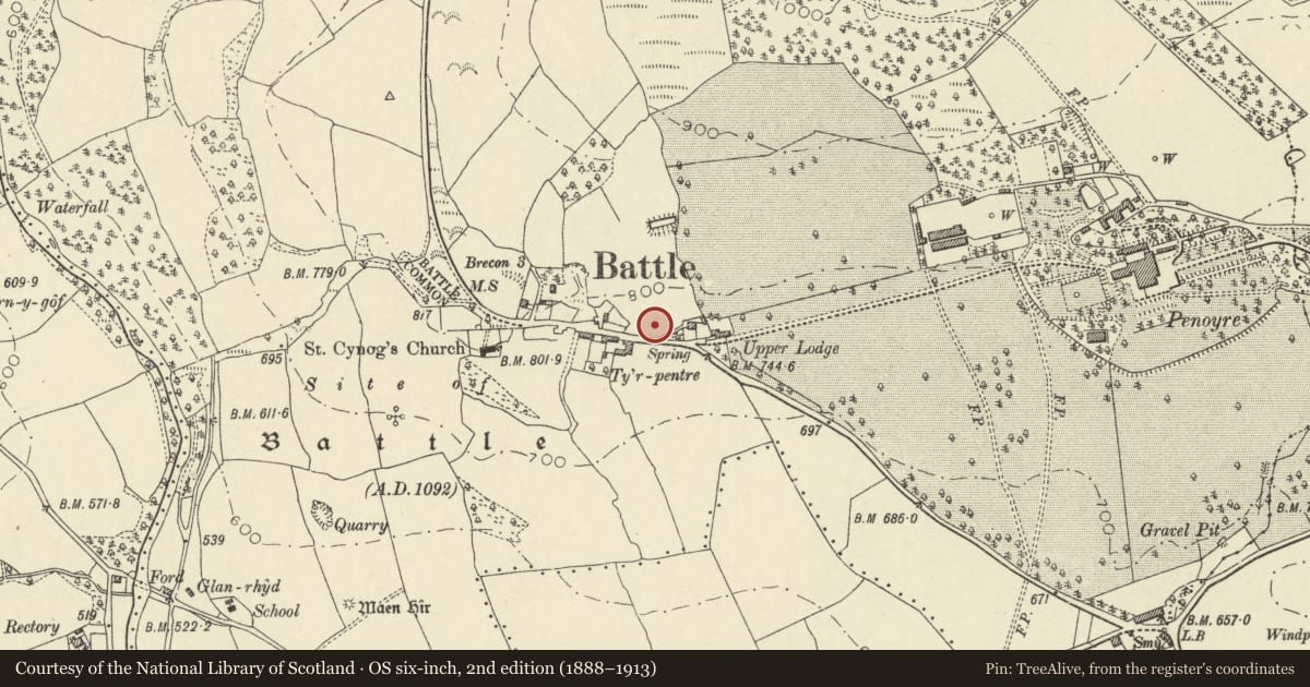 Ordnance Survey six-inch map, 2nd edition (1888–1913) covering the location of Nos 1 and 2 Beacons View, Yscir, Powys, with a pin at the register's coordinates