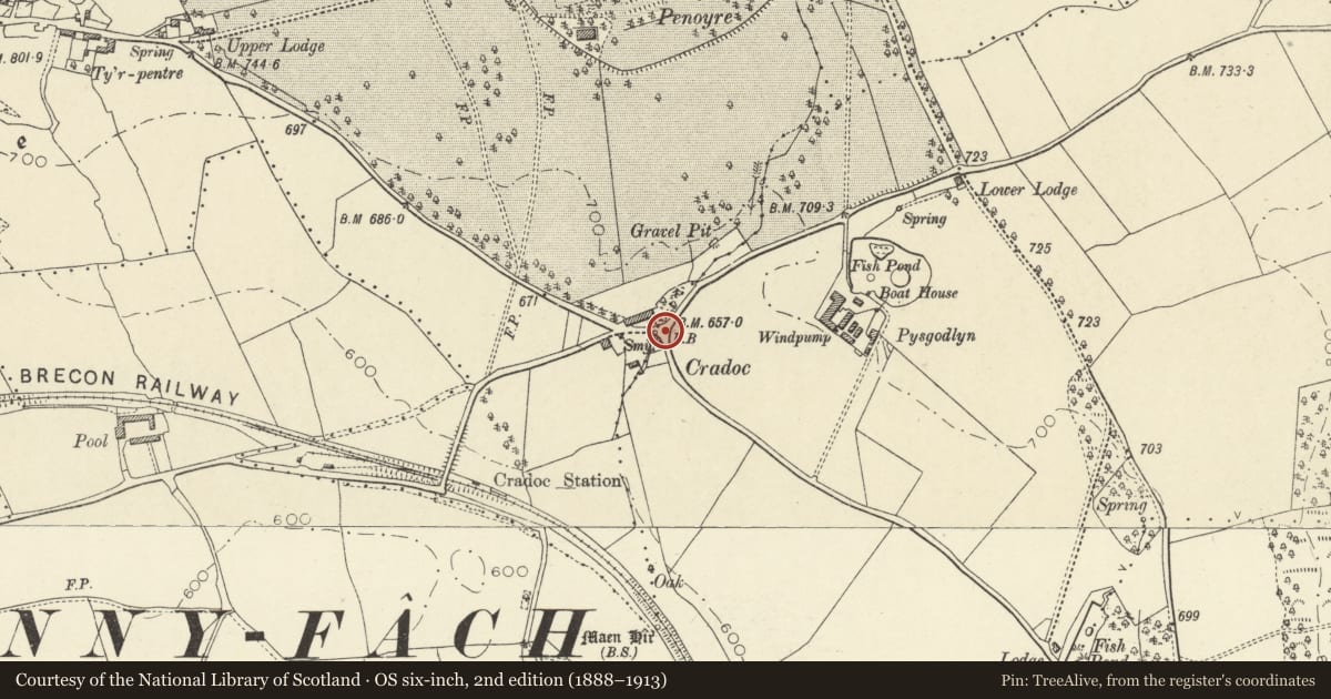 Ordnance Survey six-inch map, 2nd edition (1888–1913) covering the location of Telephone Call-box in Cradoc, Yscir, Powys, with a pin at the register's coordinates
