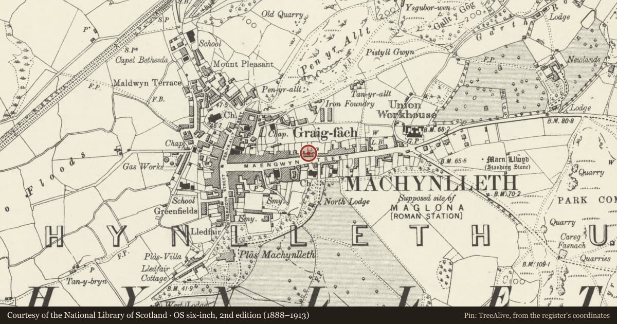 Ordnance Survey six-inch map, 2nd edition (1888–1913) covering the location of 65 Heol Maengwyn, Machynlleth, Powys, with a pin at the register's coordinates