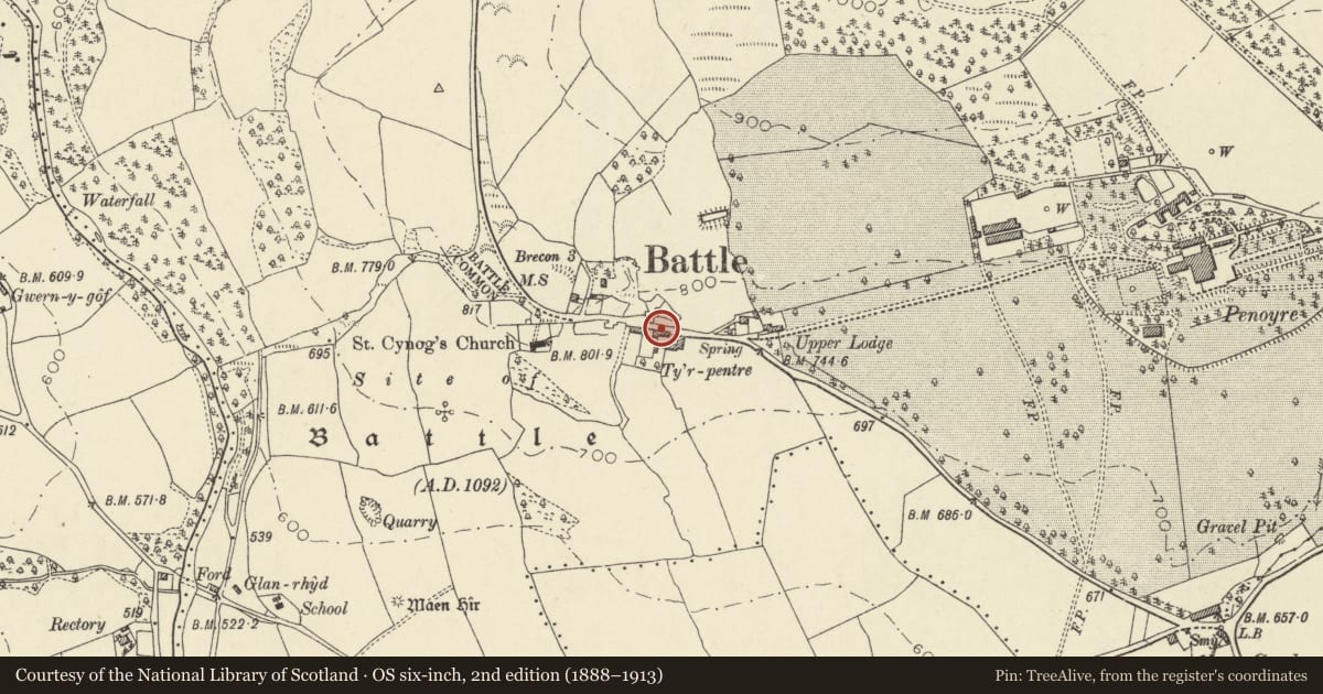 Ordnance Survey six-inch map, 2nd edition (1888–1913) covering the location of Ty'r Pentre, Yscir, Powys, with a pin at the register's coordinates