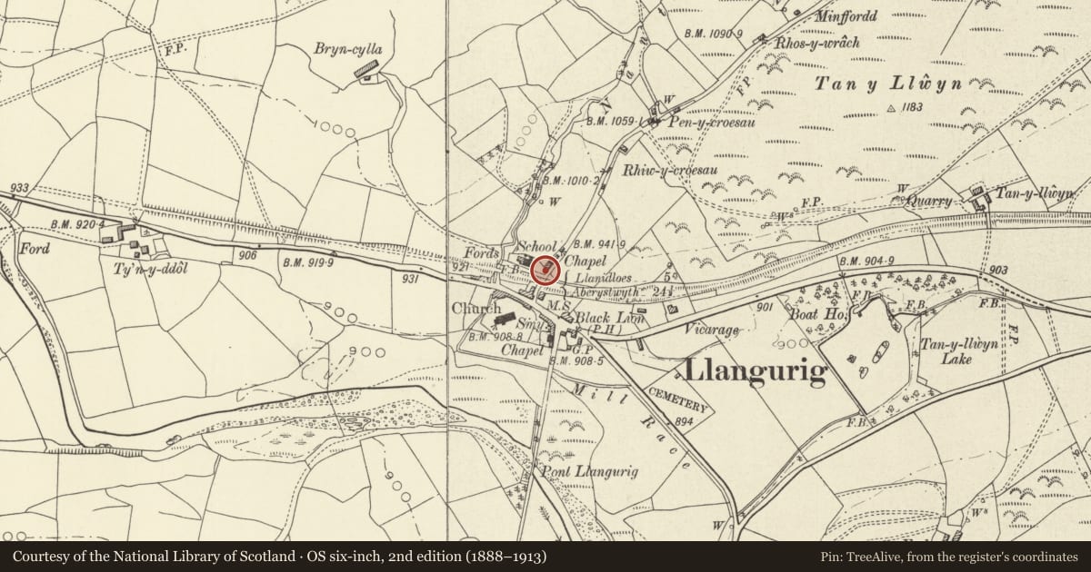 Ordnance Survey six-inch map, 2nd edition (1888–1913) covering the location of 1 Wesley Row, Llangurig, Powys, with a pin at the register's coordinates