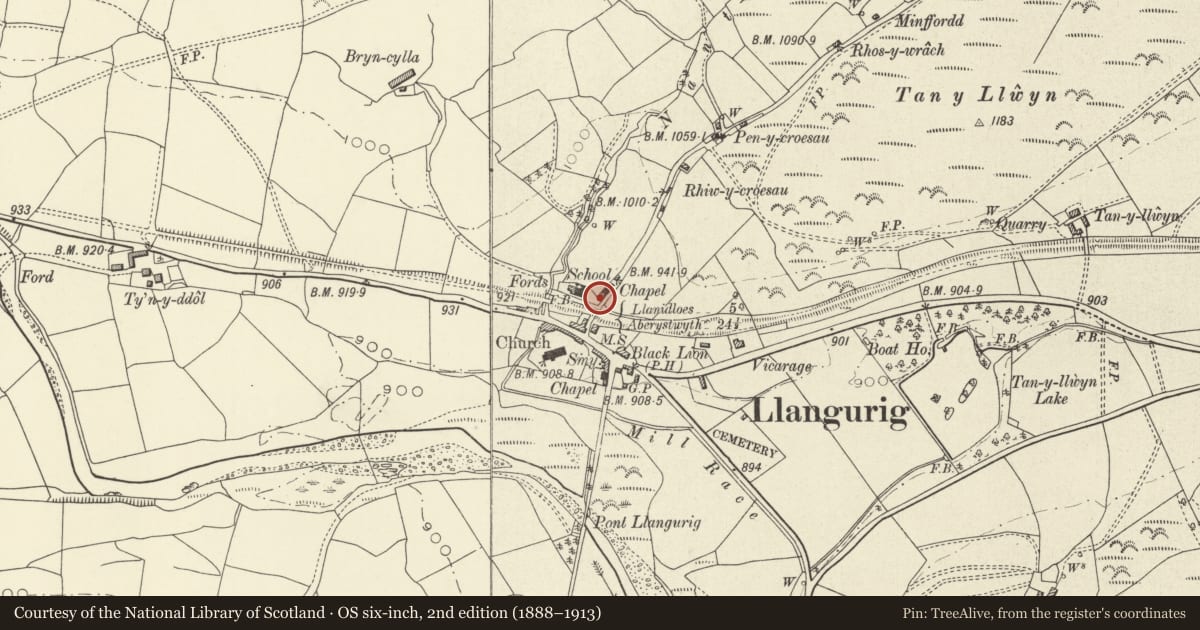 Ordnance Survey six-inch map, 2nd edition (1888–1913) covering the location of 2 Wesley Row, Llangurig, Powys, with a pin at the register's coordinates