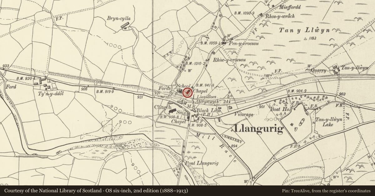 Ordnance Survey six-inch map, 2nd edition (1888–1913) covering the location of 3 Wesley Row, Llangurig, Powys, with a pin at the register's coordinates