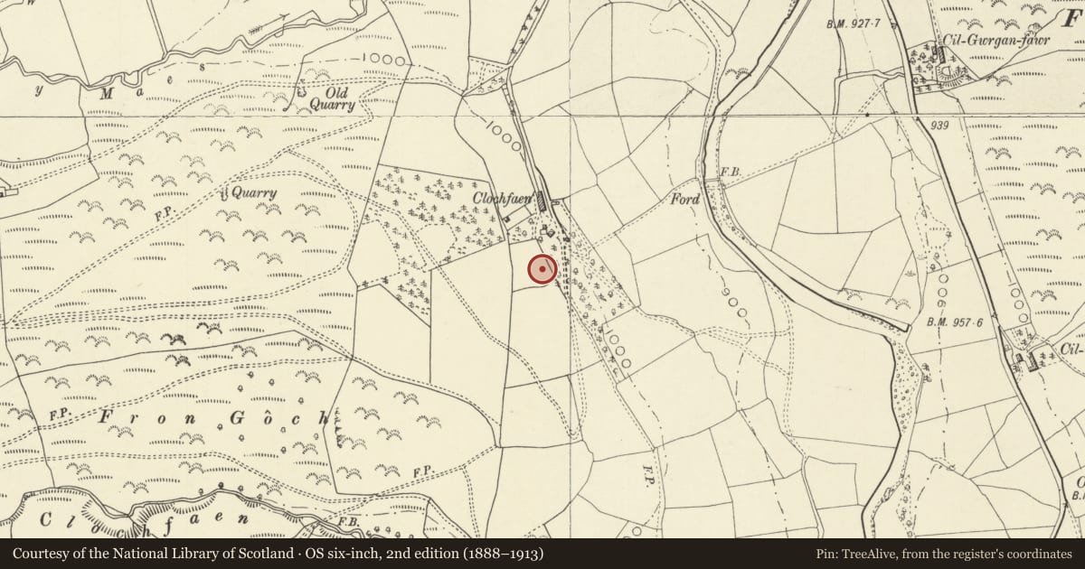 Ordnance Survey six-inch map, 2nd edition (1888–1913) covering the location of Clochfaen Cottage, Llangurig, Powys, with a pin at the register's coordinates