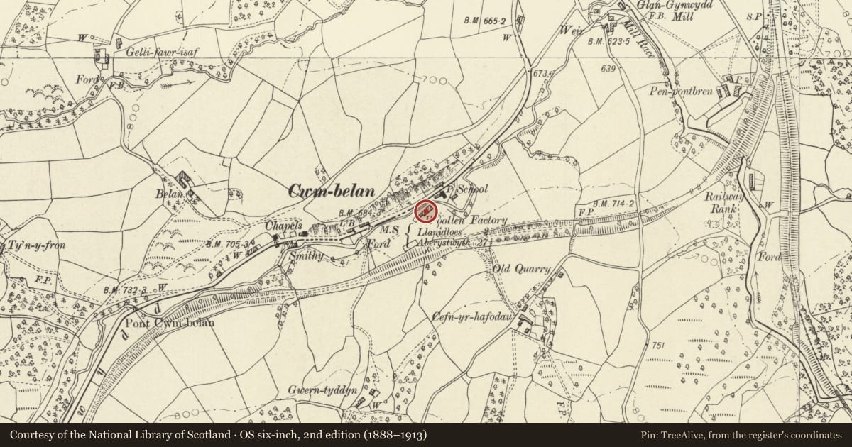 Ordnance Survey six-inch map, 2nd edition (1888–1913) covering the location of Cwmbelan Mill, Llangurig, Powys, with a pin at the register's coordinates