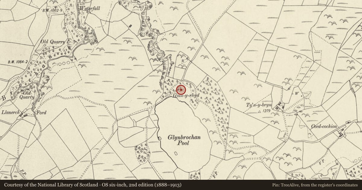 Ordnance Survey six-inch map, 2nd edition (1888–1913) covering the location of Glanrhyd, Llangurig, Powys, with a pin at the register's coordinates