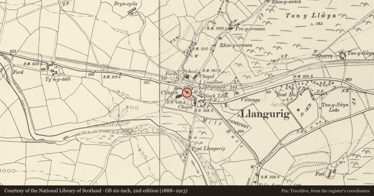 Ordnance Survey six-inch map, 2nd edition (1888–1913) covering the location of Lychgate at Church of St Curig, Llangurig, Powys, with a pin at the register's coordinates