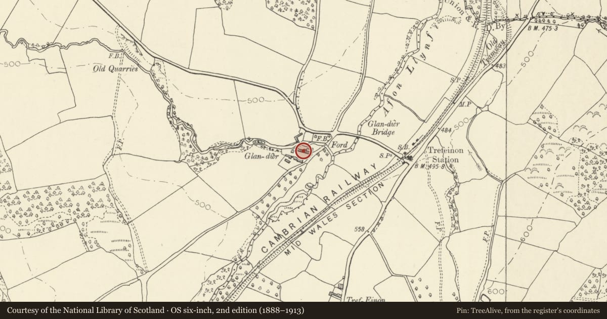 Ordnance Survey six-inch map, 2nd edition (1888–1913) covering the location of Barn range at Glandwr, Felin-Fach, Powys, with a pin at the register's coordinates