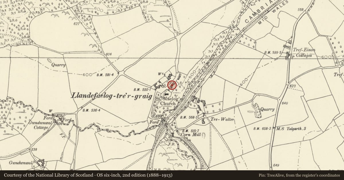 Ordnance Survey six-inch map, 2nd edition (1888–1913) covering the location of Barn range opposite Llandefaelog-tre'r-graig, Felin-Fach, Powys, with a pin at the register's coordinates